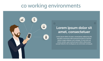Technology co working environments office business center people hand hold smartphone presentation application vector illustration elements info graphics