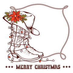 Western Christmas greeting card with cowboy traditional boots and lasso frame isolated on white