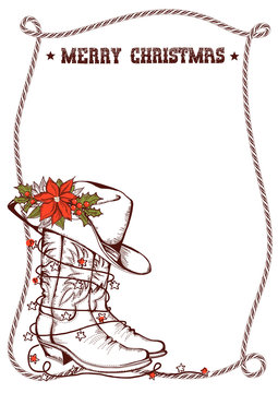 Western Christmas greeting card with cowboy traditional boots and lasso frame isolated on white
