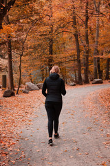 Back view of a young woman walking on a mountain forest path with colorful orange autumn tones. Bode Gorge (Bodetal), National Park Harz Mountains, Thale,  Saxony-Anhalt in Germany