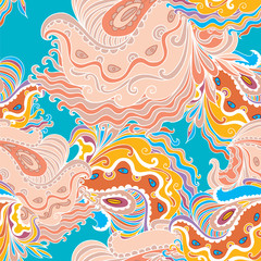 Seamless hand - drawn pattern. Flower, waves, curls, nature theme, abstract elements Vector illustration