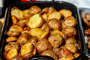 Roasted potatoes in a tray