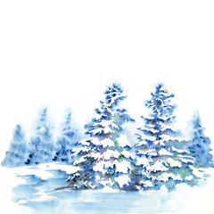 Winter forest landscape with fir trees under snow. Watercolor illustration for greeting cards.