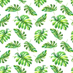 Afwasbaar Fotobehang Tropische bladeren Tropische aquarel naadloze patroon met exotische groene monstera bladeren geïsoleerd op een witte achtergrond. Natuurlijke mode stof textuur, textiel print, banner, decoratie, behang, inwikkeling, kaart