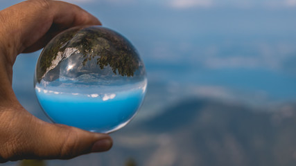 Crystal ball alpine landscape shot at Feuerkogel summit-Ebensee-Salzburg-Austria