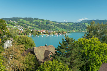 Fototapeta premium View over the roofs of Oberägeri and Ägerisee., Switzerländ.