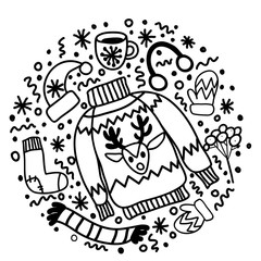 Black and white doodle Christmas wear: sock for gifts, hat, mittens and sweater with reindeer