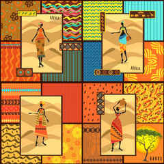 collection cards with African girl dressed in a decorative and set seamless texture