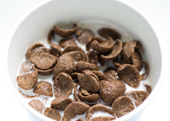 Fototapeta na wymiar Chocolate cereals with fresh milk in white bowl background. Delicious cocoa cornflake.