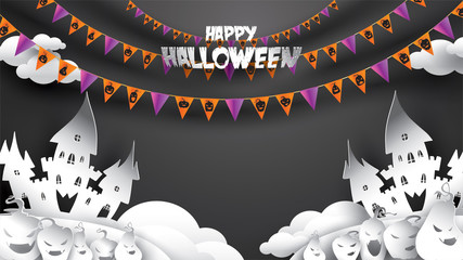Halloween background with pumpkin, haunted house and full moon in paper art carving style. banner, poster, Flyer or invitation template party. Vector illustration.