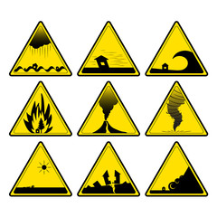 Set of nature disaster warning signs. Vector image. Eps 10.
