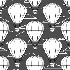 Naklejka premium Hot Air Balloon, Little Balloons, Clouds . Cartoon white outline on black Background. Vector Seamless Pattern