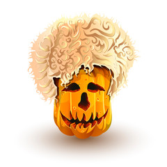 Halloween pumpkin in Caucasian sheepskin hat. Jack-o'-lantern for Halloween isolated on white background
