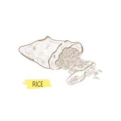Selbstklebende Fototapeten Rice. Bag, ladle, grain. Sketch. © olga_illustrator