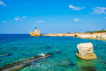 Abandoned rusty ship wreck EDRO III in Pegeia, Paphos, Cyprus.