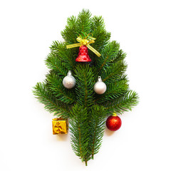Christmas tree on white background. Christmas decoration object concept. Top view