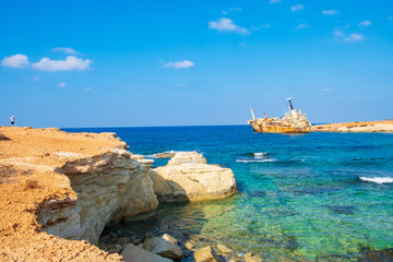 Abandoned rusty ship wreck EDRO III in Pegeia, Paphos, Cyprus.