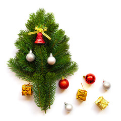 Christmas tree on white background. Christmas holiday celebration and new year concept. Top view