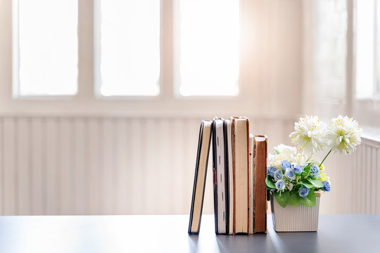 Row of books and houseplant on white wooden table in white room.