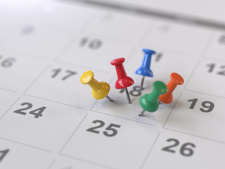 calendar page with drawing-pins,3d rendering,conceptual image.