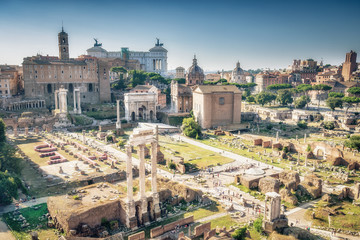 Fototapeta premium Zobacz na Forum Romanum w Rzymie we Włoszech. Malownicze tło podróży.