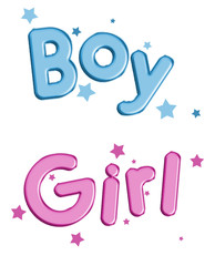 Girl text in pale pink and boy, pale blue. Balloons and stars isolated on white. Ideal banner, gifts etc.