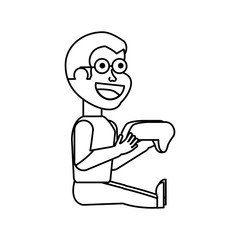 boy sitting with game control character