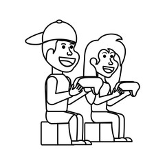 young couple sitting playing video game