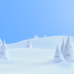 Winter landscape with snowdrifts and snowy fir trees.