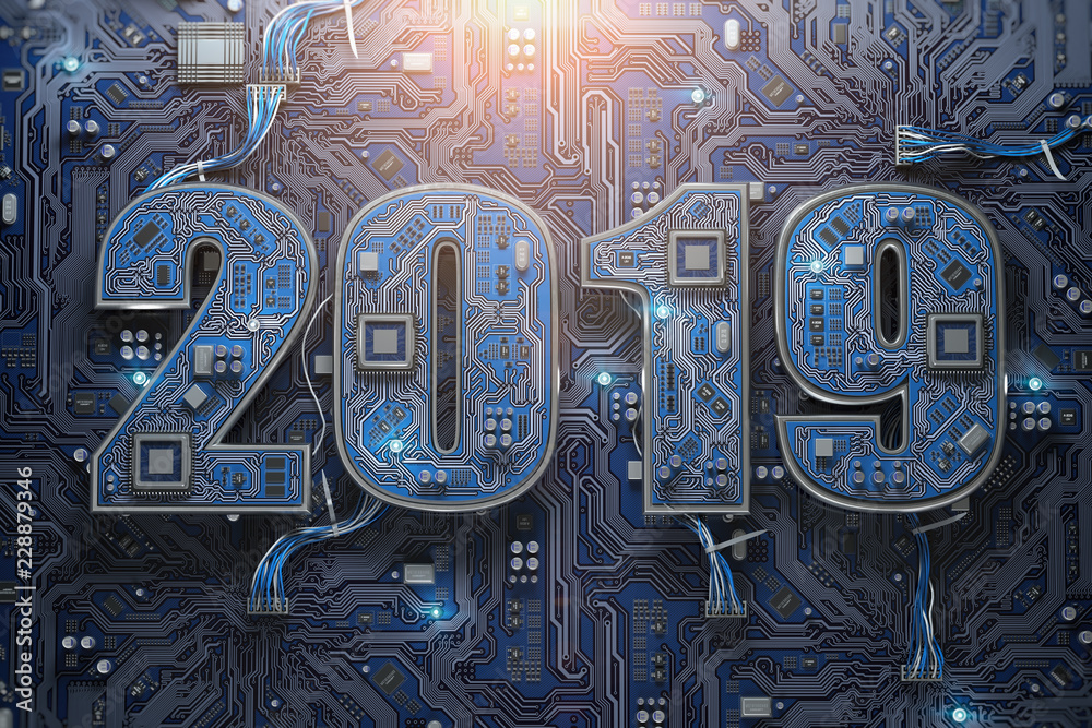 Poster 2019 on circuit board or motherboard with cpu. Computer technology and internet commucations digital concept. Happy new 2019 year.