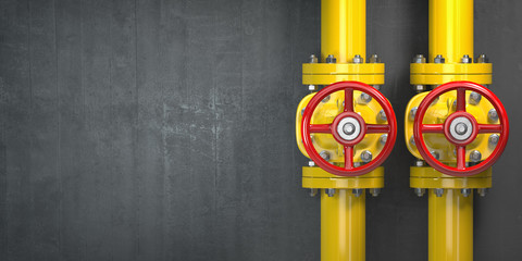 Gas pipeline valve on a wall. Space for text. Gas pressure control.