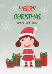 Merry Christmas and happy new year greeting card,banner with cute kids,girl wear Christmas costume and gifts. Cartoon character vector.