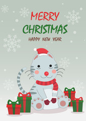 Merry Christmas and happy new year greeting card,banner with cute cat wear Christmas costume and gifts. Cartoon character vector.