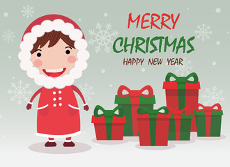 Merry Christmas and happy new year greeting card,banner with cute kid wear Christmas costume and gifts. Cartoon character vector.