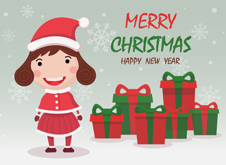 Merry Christmas and happy new year greeting card,banner with cute kid girl wear Christmas costume and gifts. Cartoon character vector.