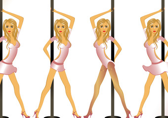 illustration of young beautiful girls with long hair near a pole dancing