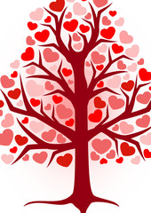 illustration of a brown tree with red hearts on a white background
