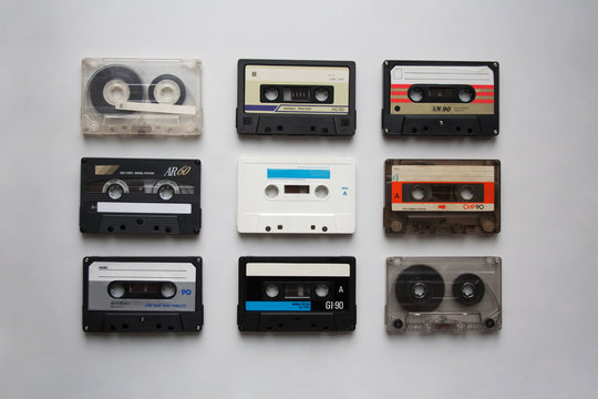 Audio cassettes collection isolated on white background from a high angle view