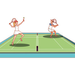 couple practicing tennis in court