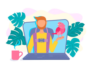 Video blogger, vloger on the laptop screen in a video about traveling with a parrot on his hand and a backpack behind his back