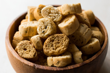 Stack of Round Shaped Crispy Rye Crouton Bread Biscuits / Crostini