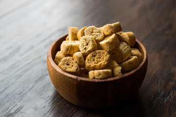 Stack of Round Shaped Crispy Rye Crouton Bread Biscuits / Crostini