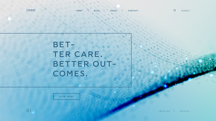 Abstract landing page template with a blue particles background - Better care better outcomes, can be used for medical presentation, education poster and health theme web sites