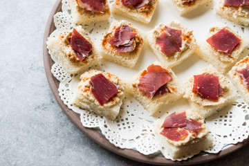 Canape with Pastrami / Pastirma Ham and Hummus on Small Square Bread