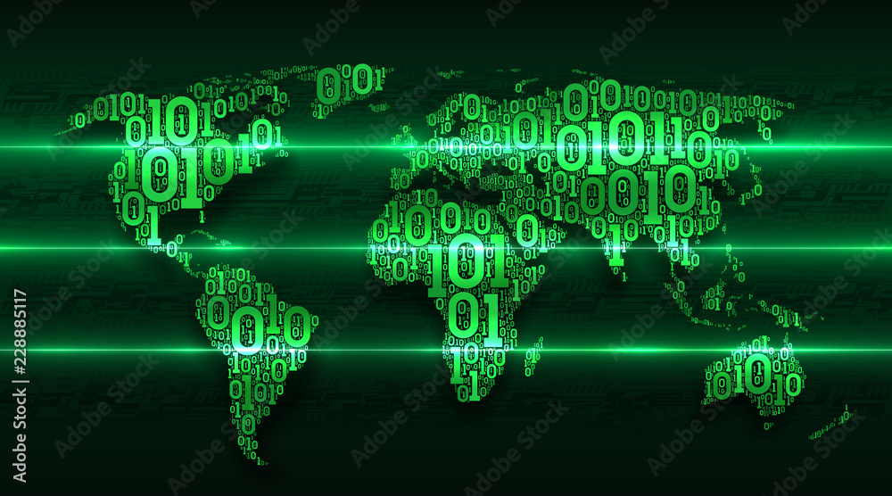 Poster Abstract map world with continents from digital binary code on the background abstract printed circuit board, concept of big data, global cloud service, digital technology