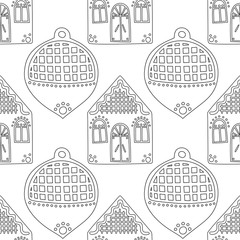 Gingerbread. Black and white illustration for coloring book or page. Christmas, holiday background.