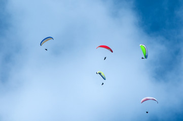 Group of paragliders flying in the blue sky against the background of clouds. Paragliding in the sky on a sunny day.	