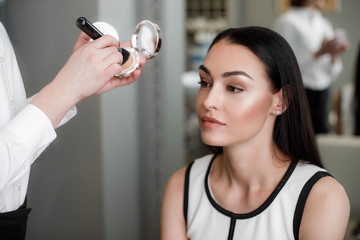 Makeup artist using special professional brush for applying powder and blush for pretty lady in...