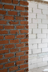 Brick layer and mortar cement brick on construction on Background / Loft Style