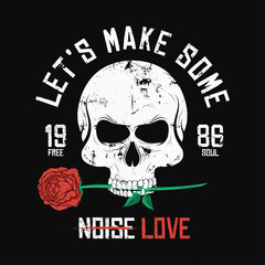 Rock music style t-shirt design. Skull is biting and holding red rose. Vintage slogan graphic for t-shirt print with grunge background